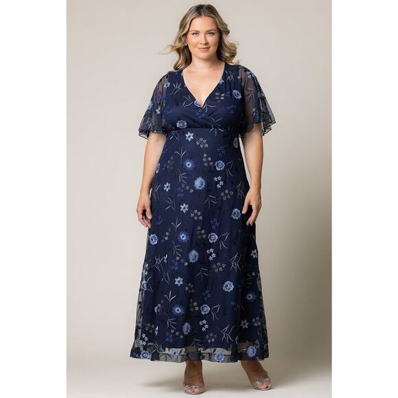 Kiyonna Gown Embroidered Elegance Blue Style 3X Flutter Sleeves Maxi Floral - Picture 7 of 7